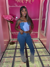 The Jean Feather Bellbottom Pants and Jean Half Denim Corset Top