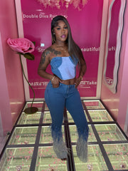 The Jean Feather Bellbottom Pants and Jean Half Denim Corset Top