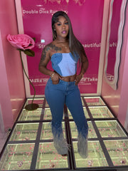 The Jean Feather Bellbottom Pants and Jean Half Denim Corset Top