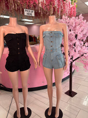 The denim button down Short Rompers