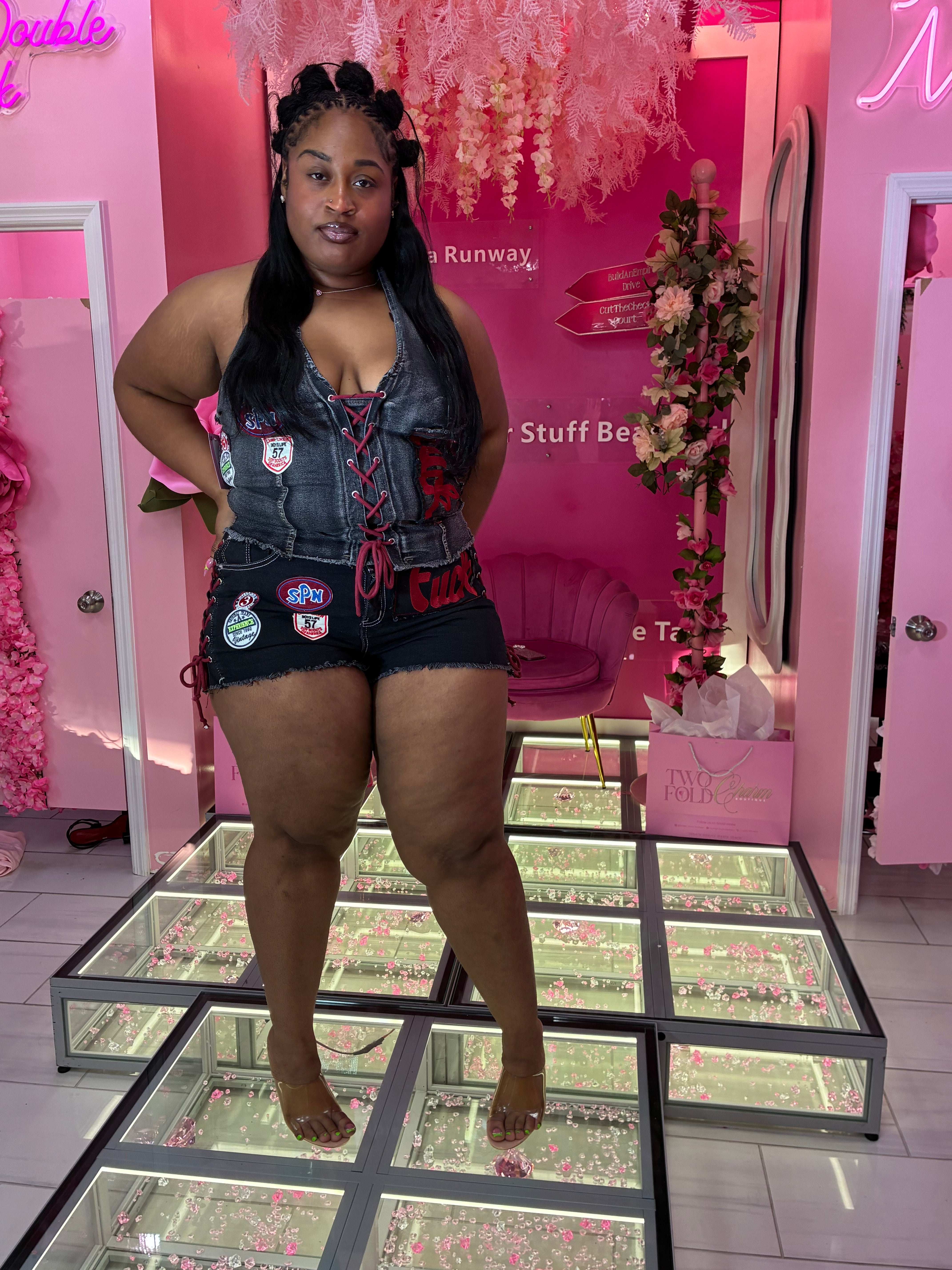 Plus Jean Racer Patchwork Halter & Shorts