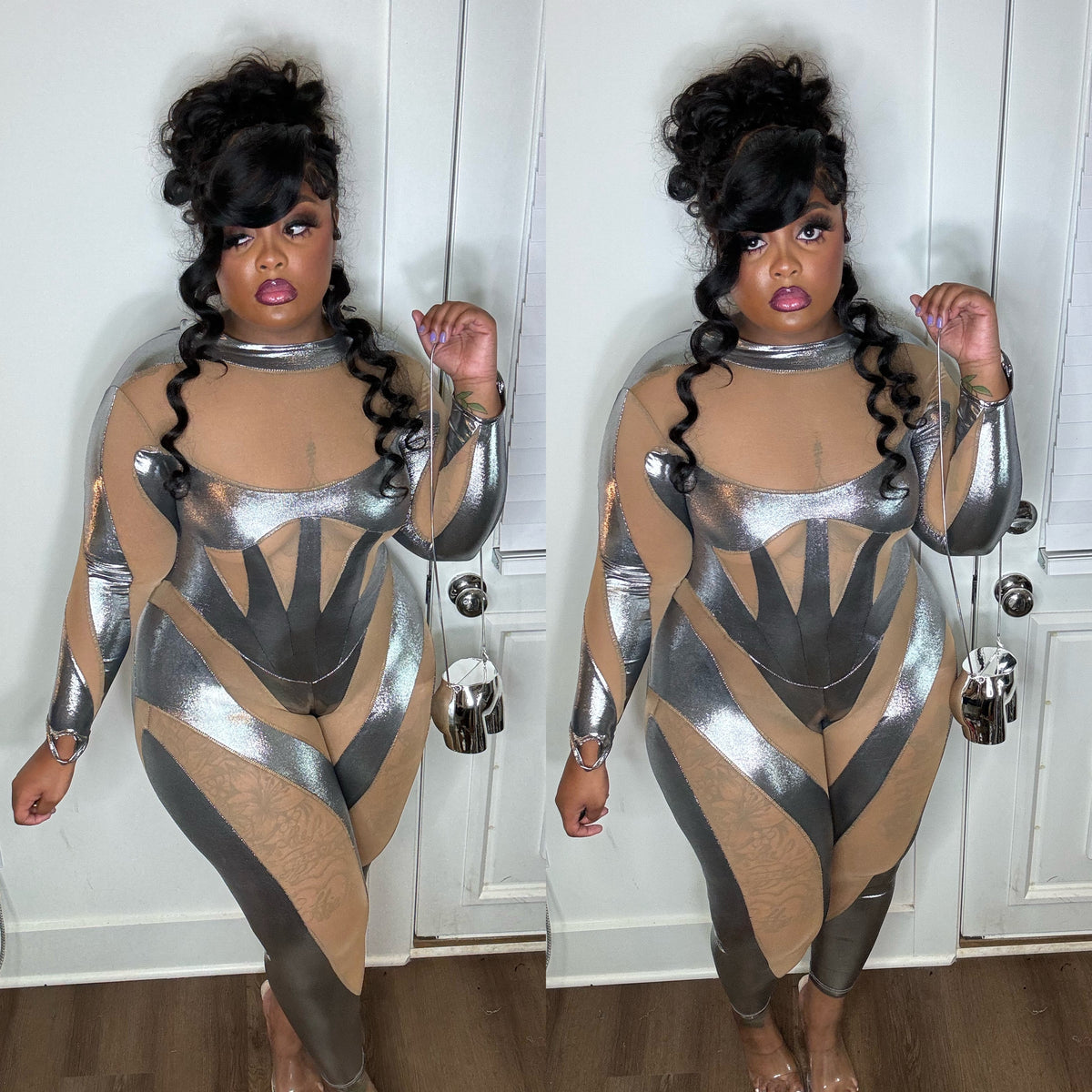 Sexy See Through long Sleeve Silvery Jumpsuit