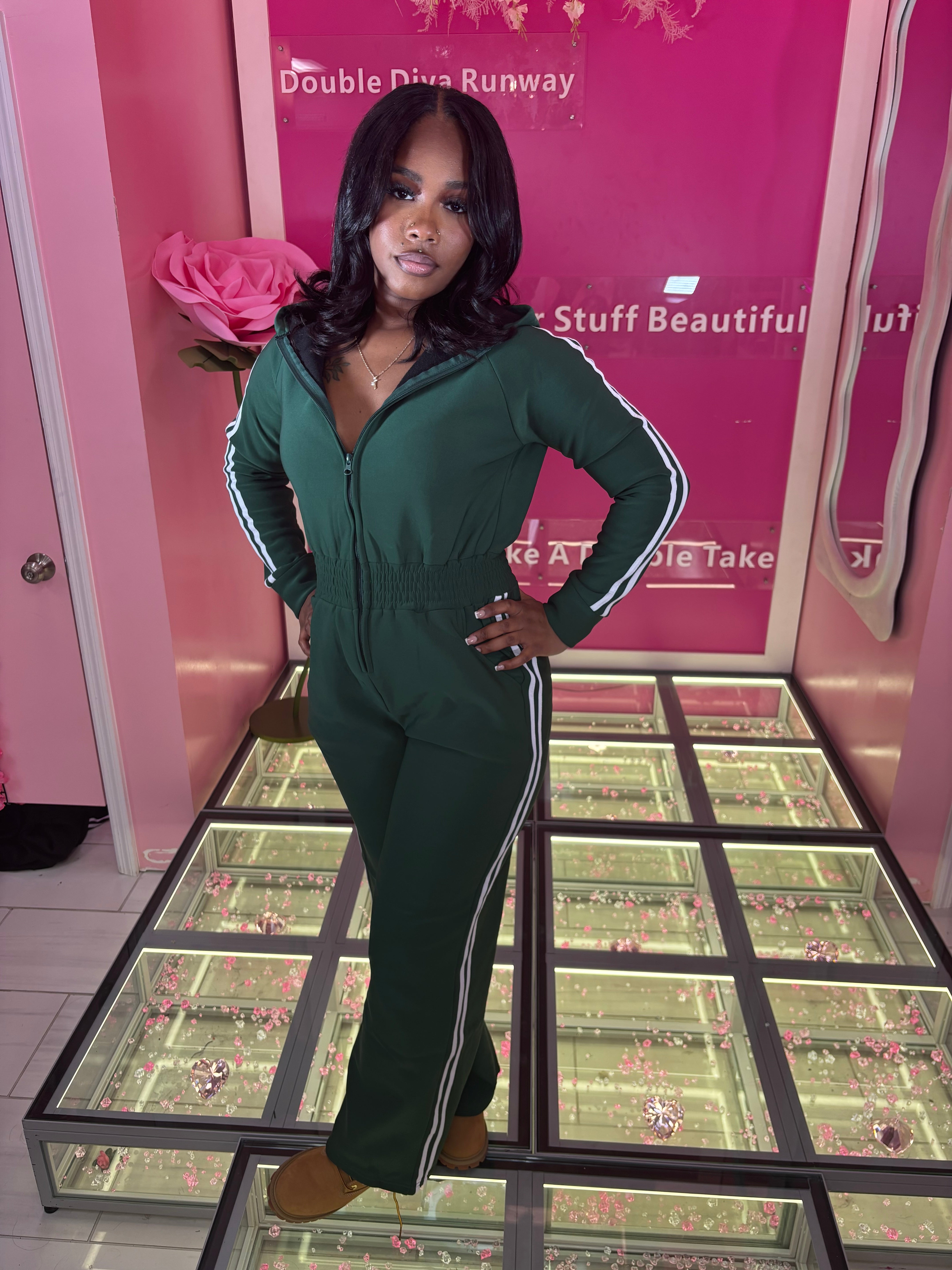 The Utility Glam Stripe Fleece Jumpsuit /w Hoodie