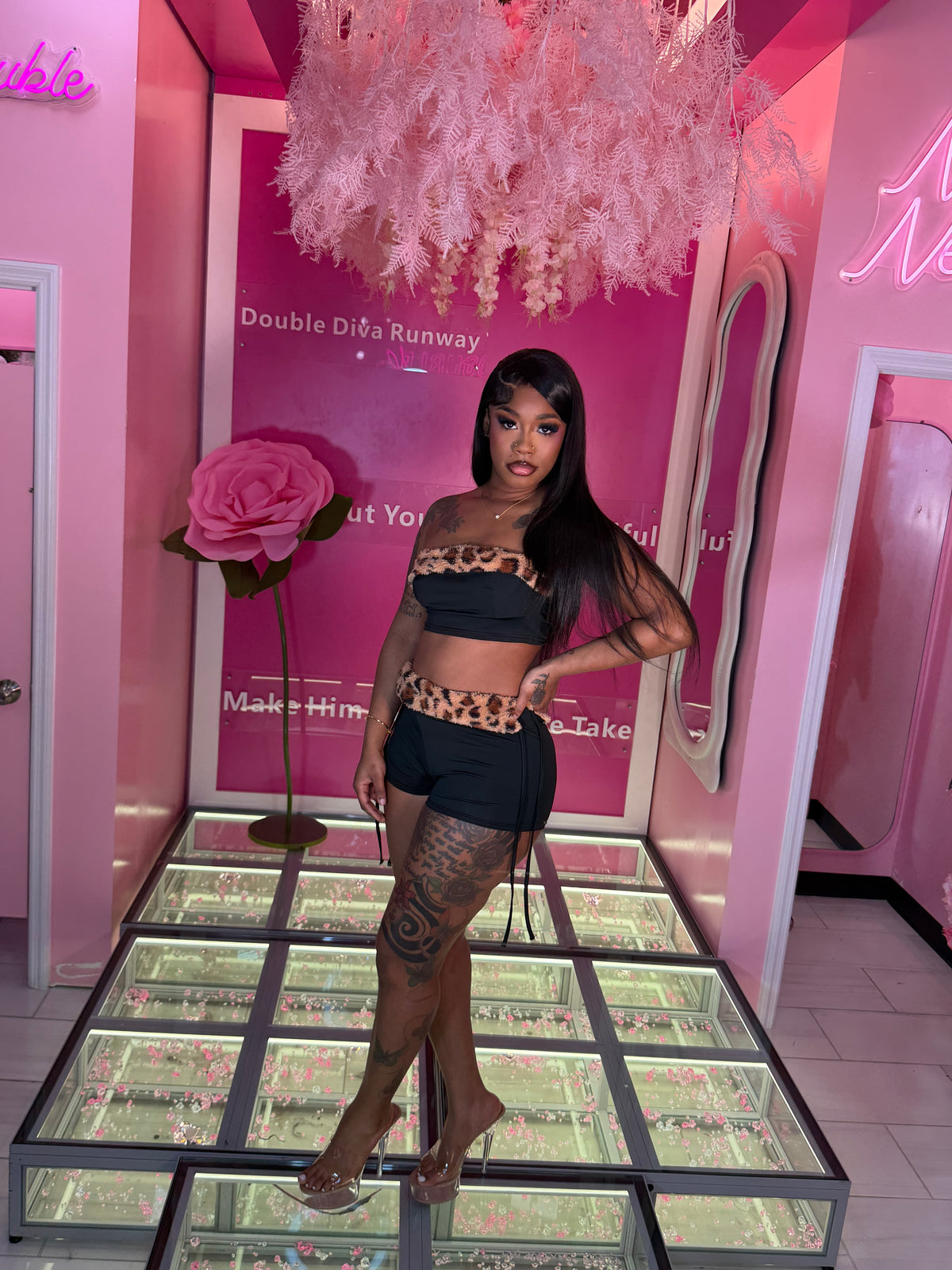 Leopard TubeTop Fur Short Set