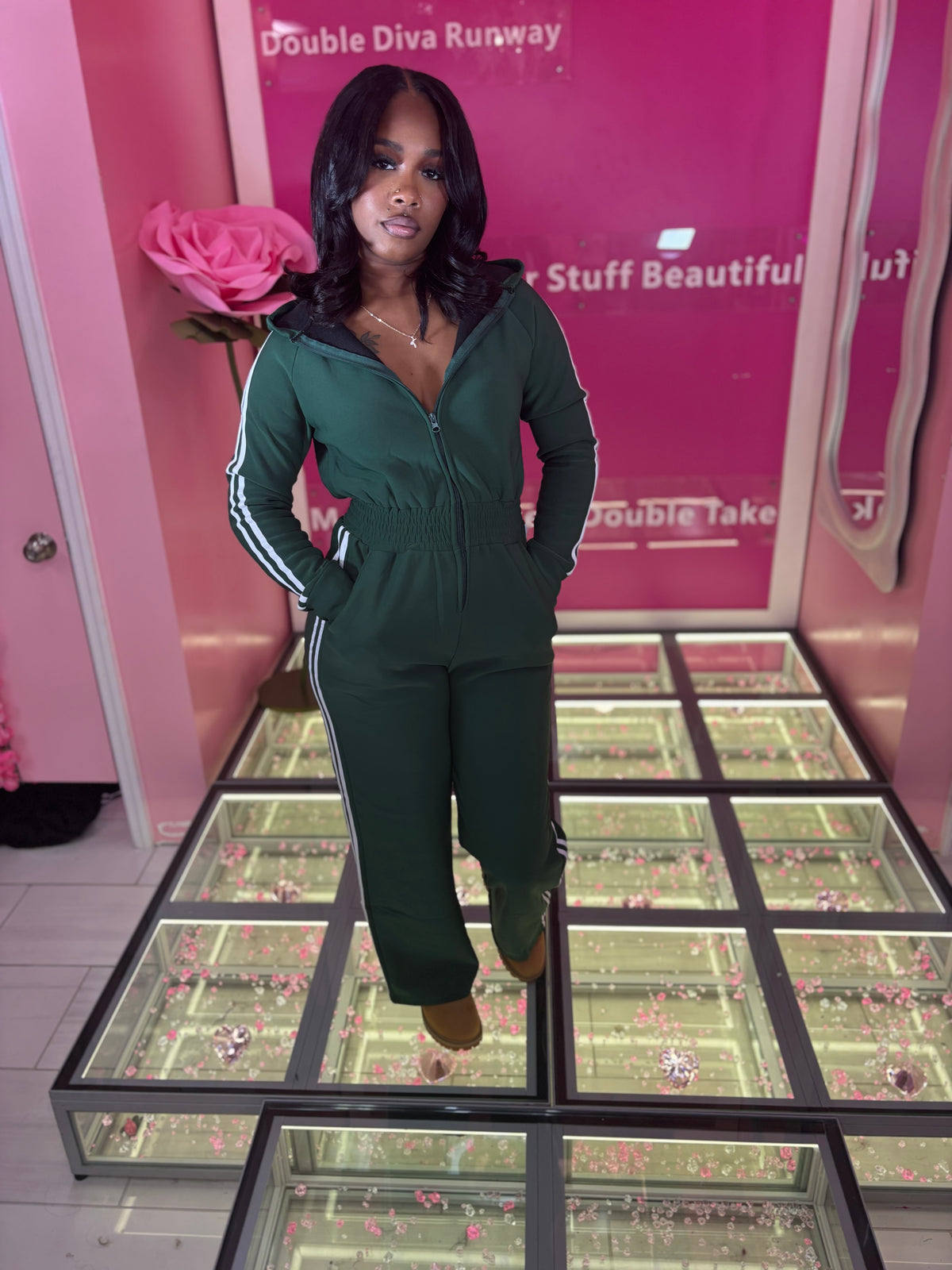 The Utility Glam Stripe Fleece Jumpsuit /w Hoodie