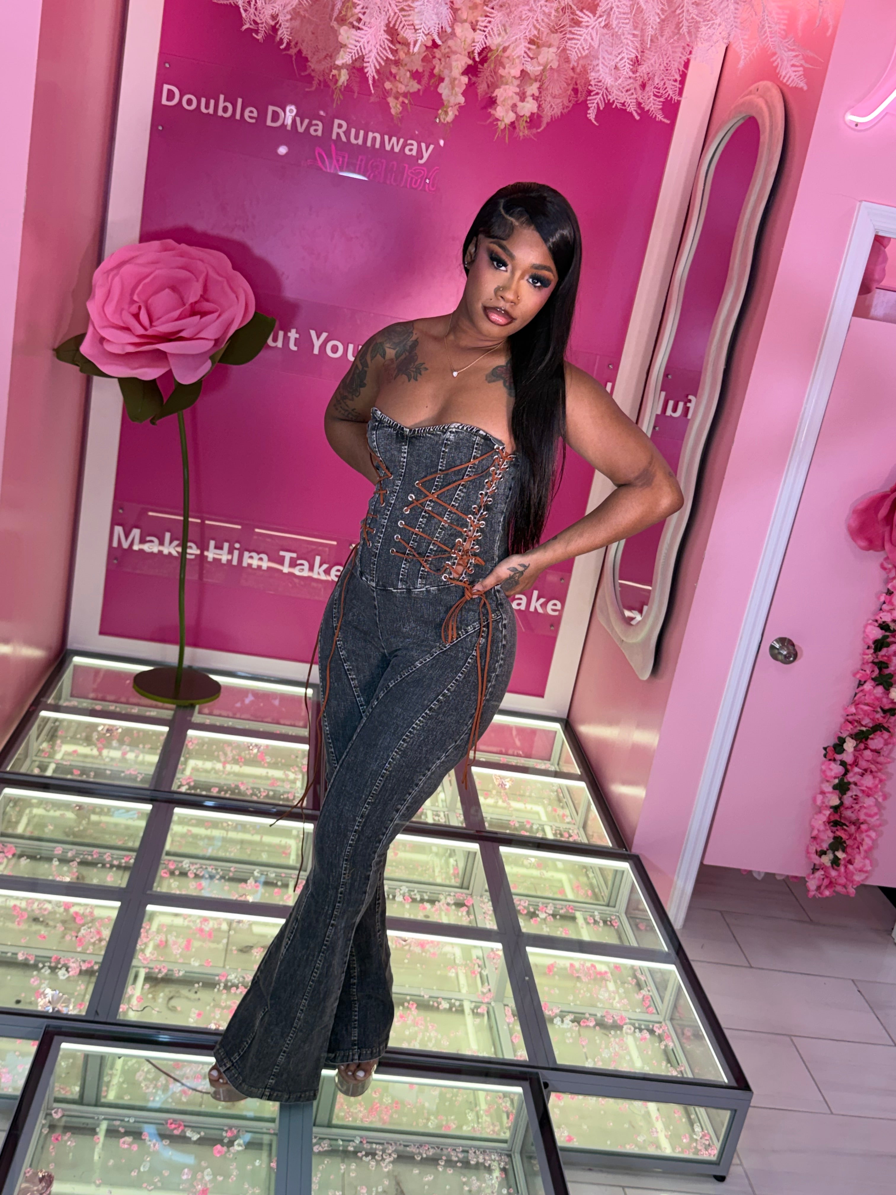 LaceUp Denim Tube Jumpsuit