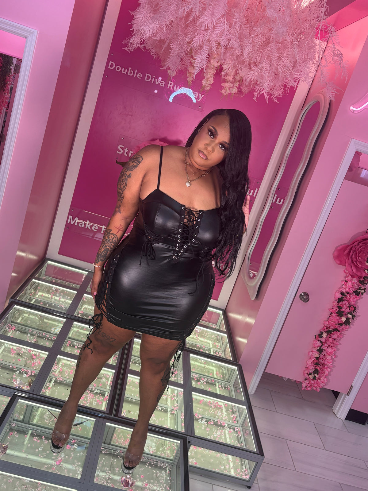 Plus Lace Me Up Leather Dress