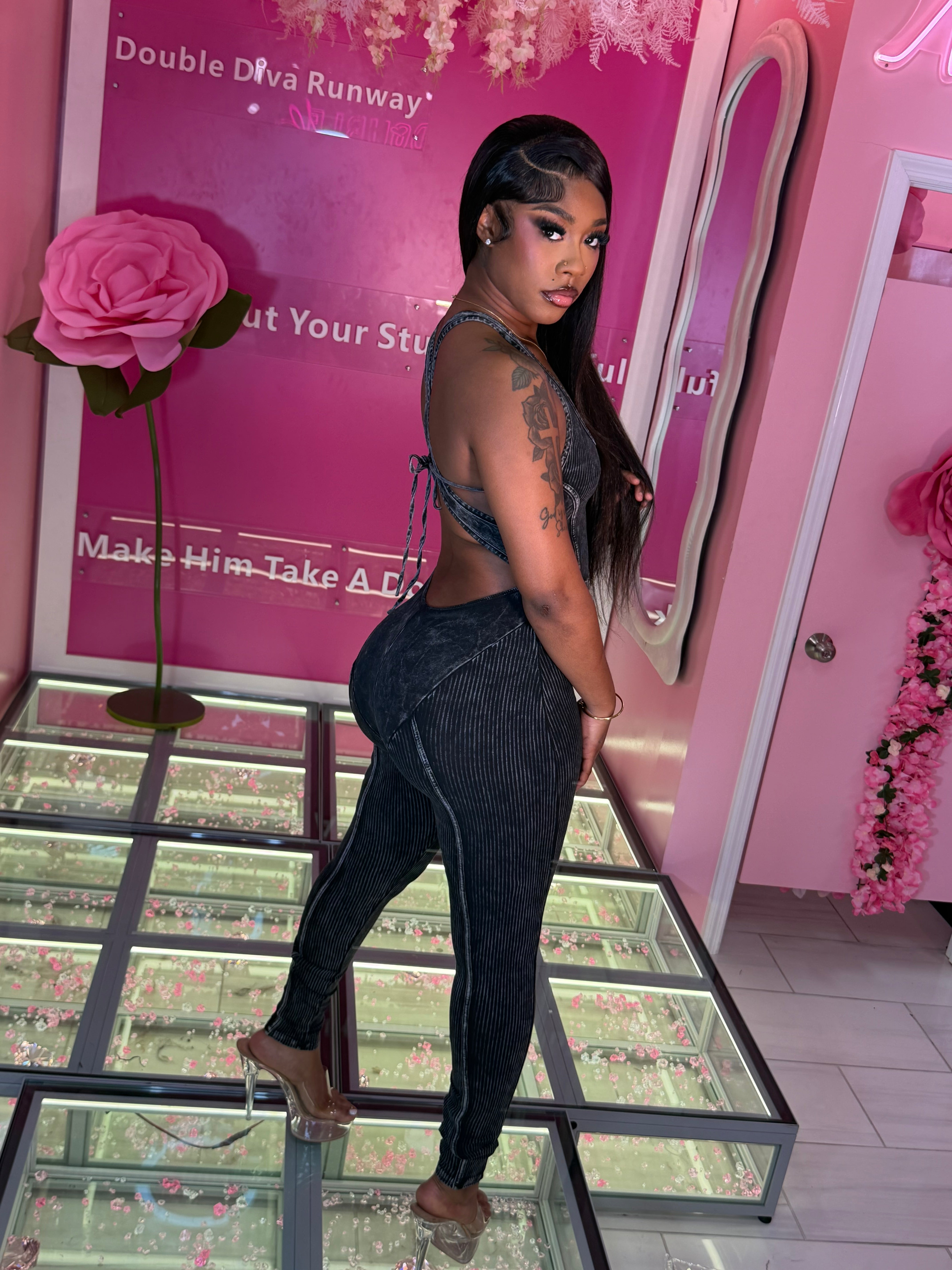 Stone Washed Back Out String JumpSuit