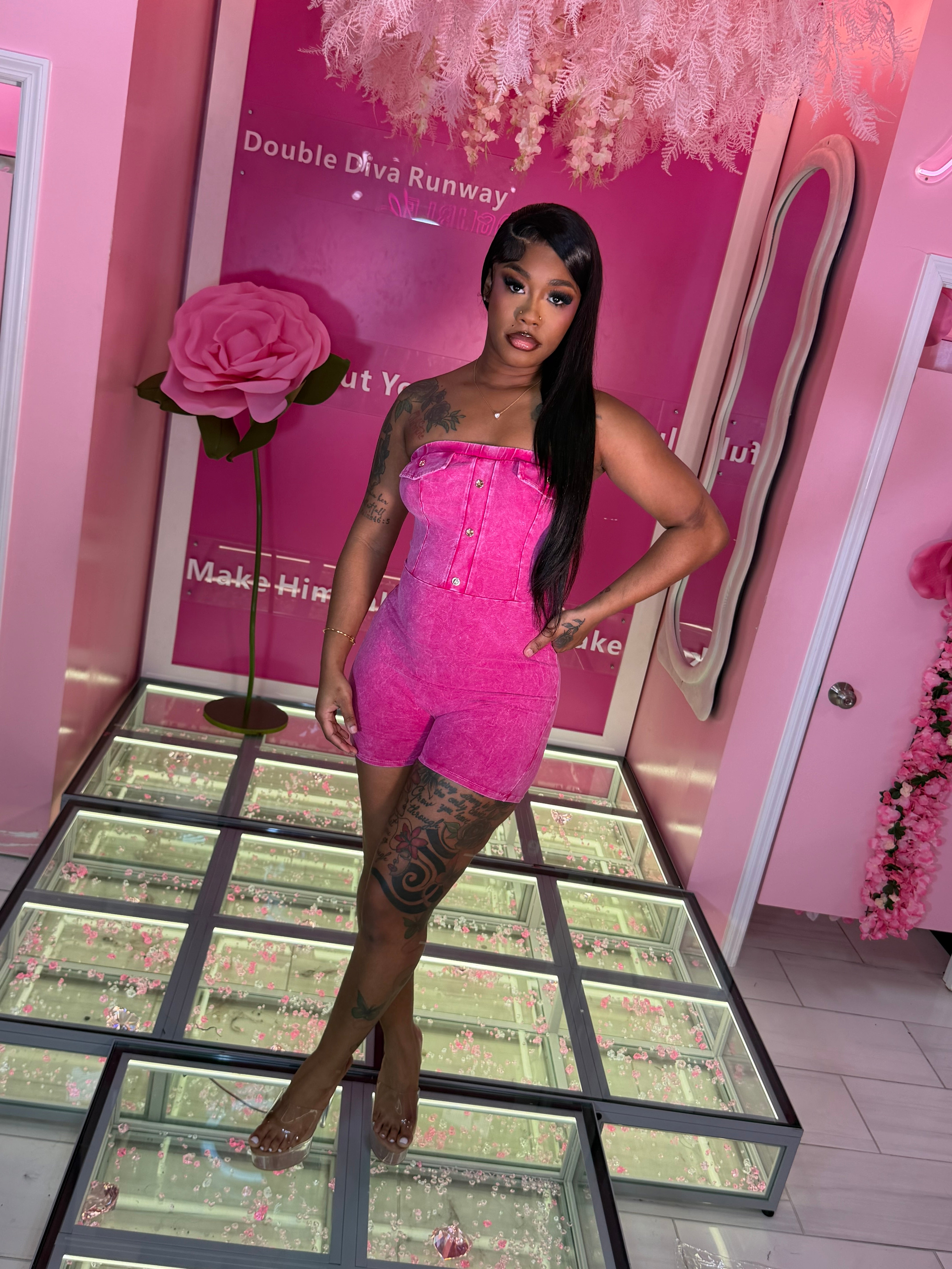 Stone Wash Gold Button Classic Tube Top Romper