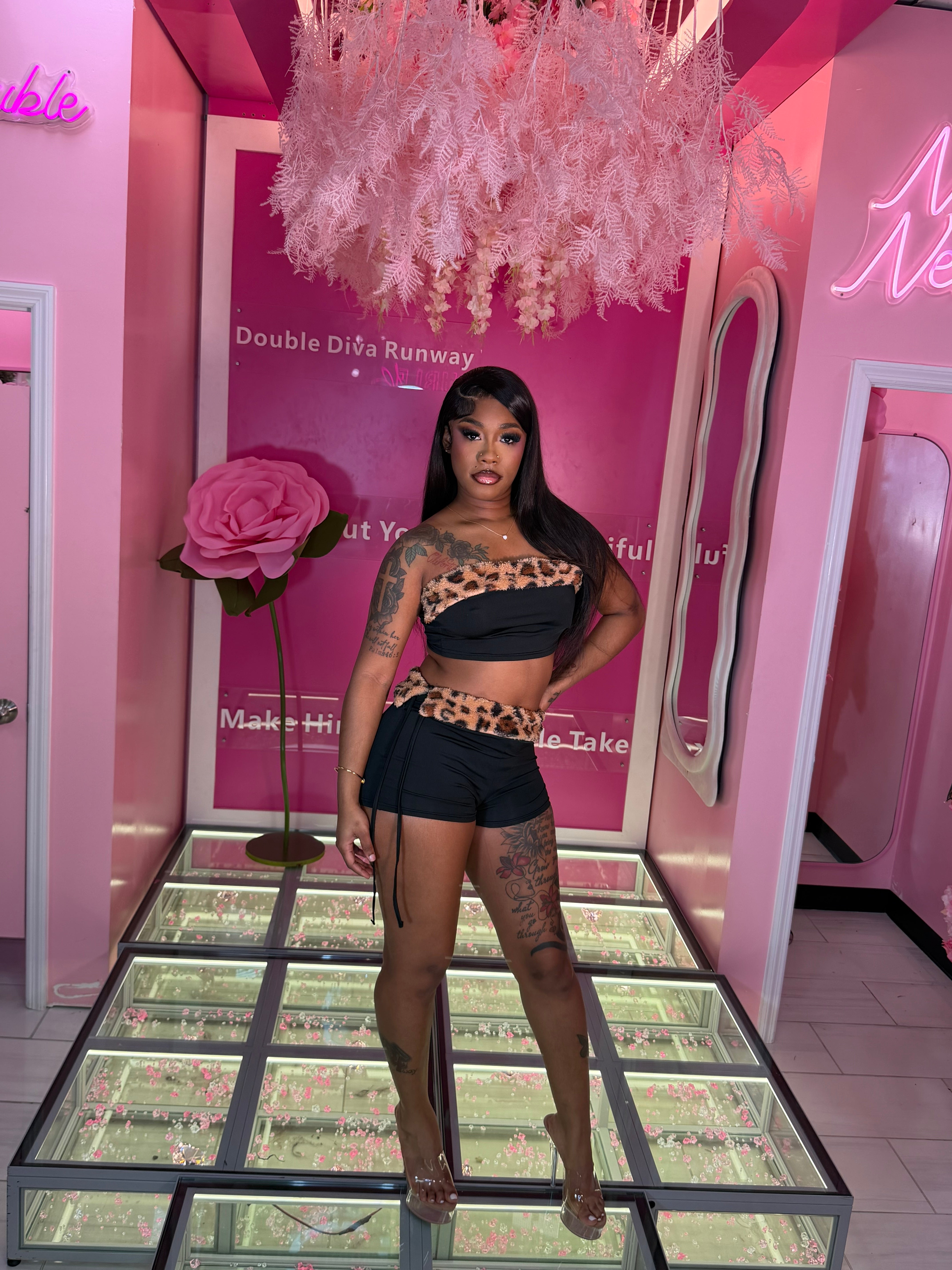 Leopard TubeTop Fur Short Set