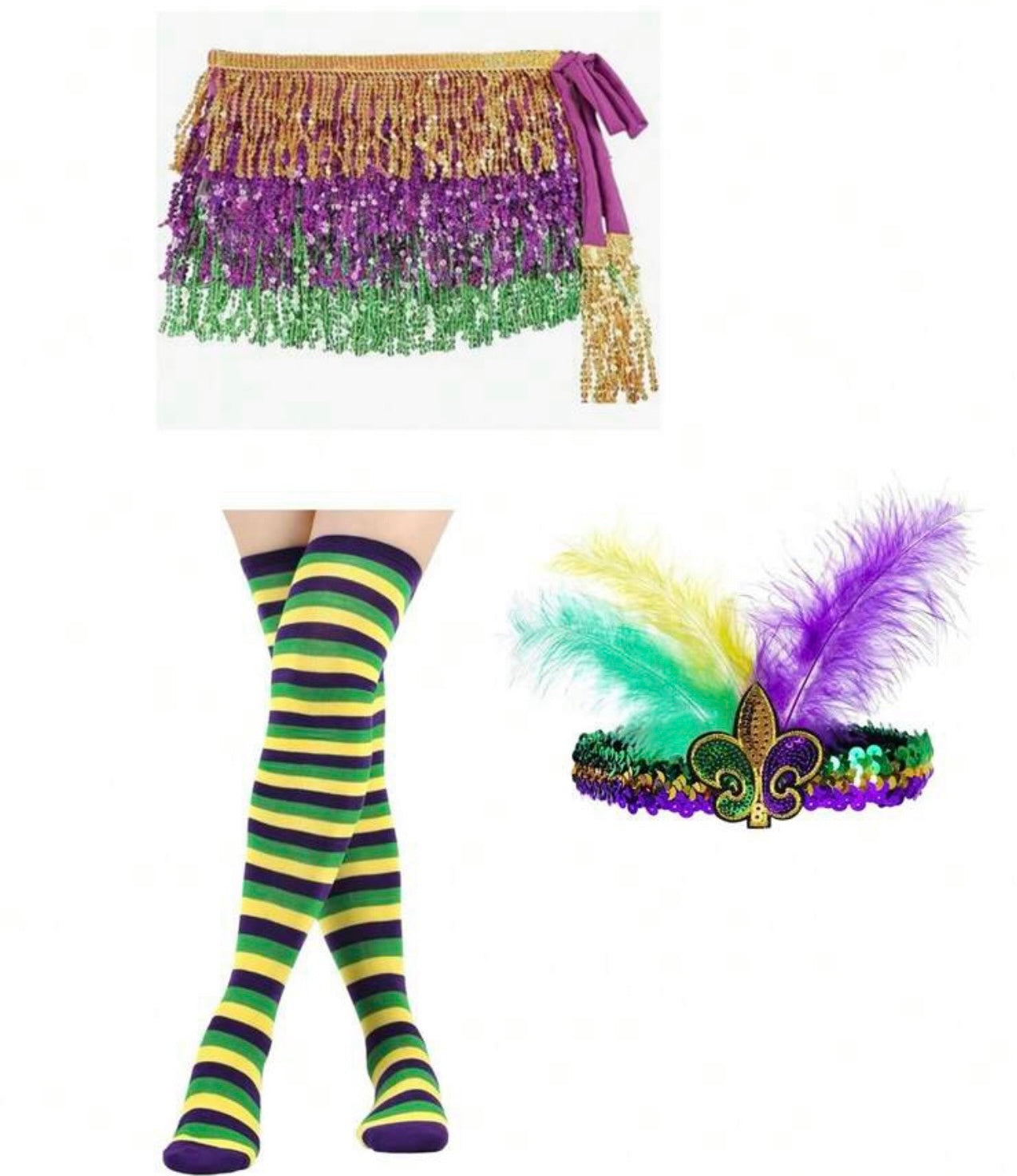 1set Sparkling Tassel & Sequin Waist Chain/Belt, Waistband With Yellow/Green/Purple Hair Accessories And Stockings. (Mardi Grass)