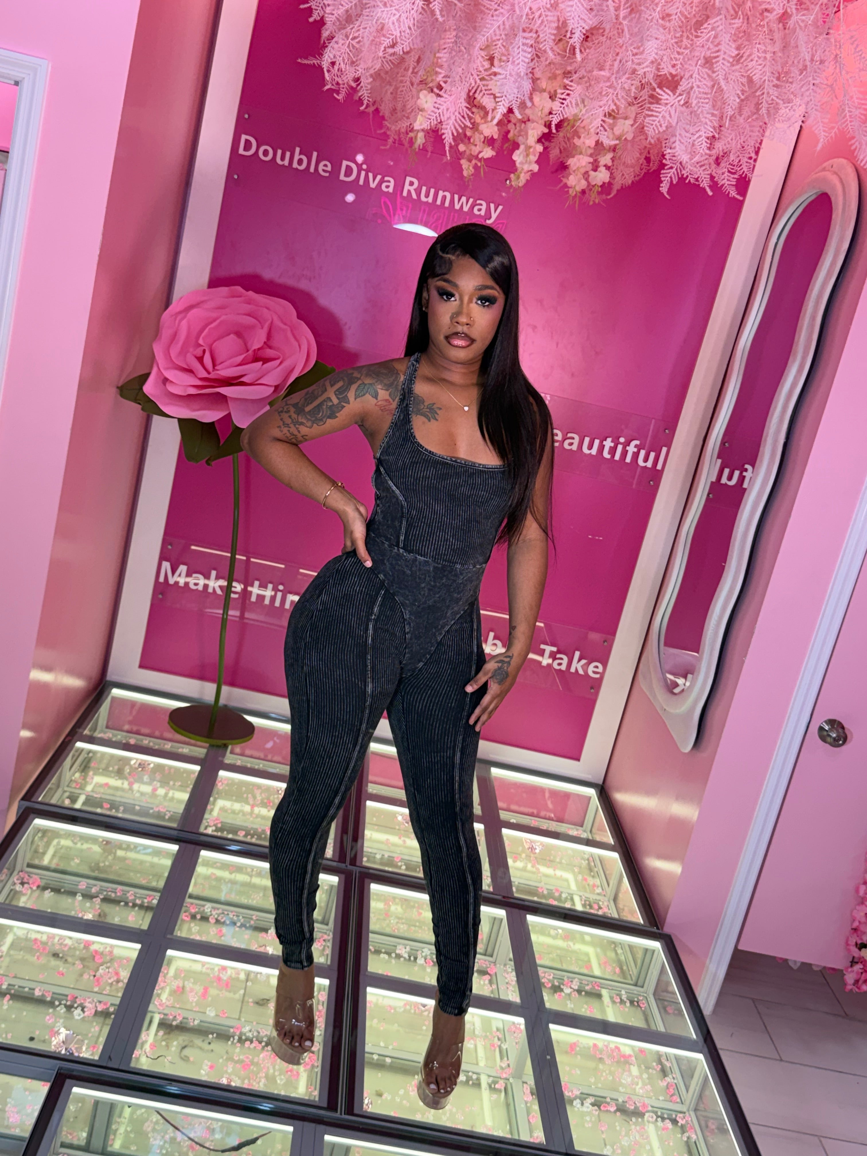 Stone Washed Back Out String JumpSuit