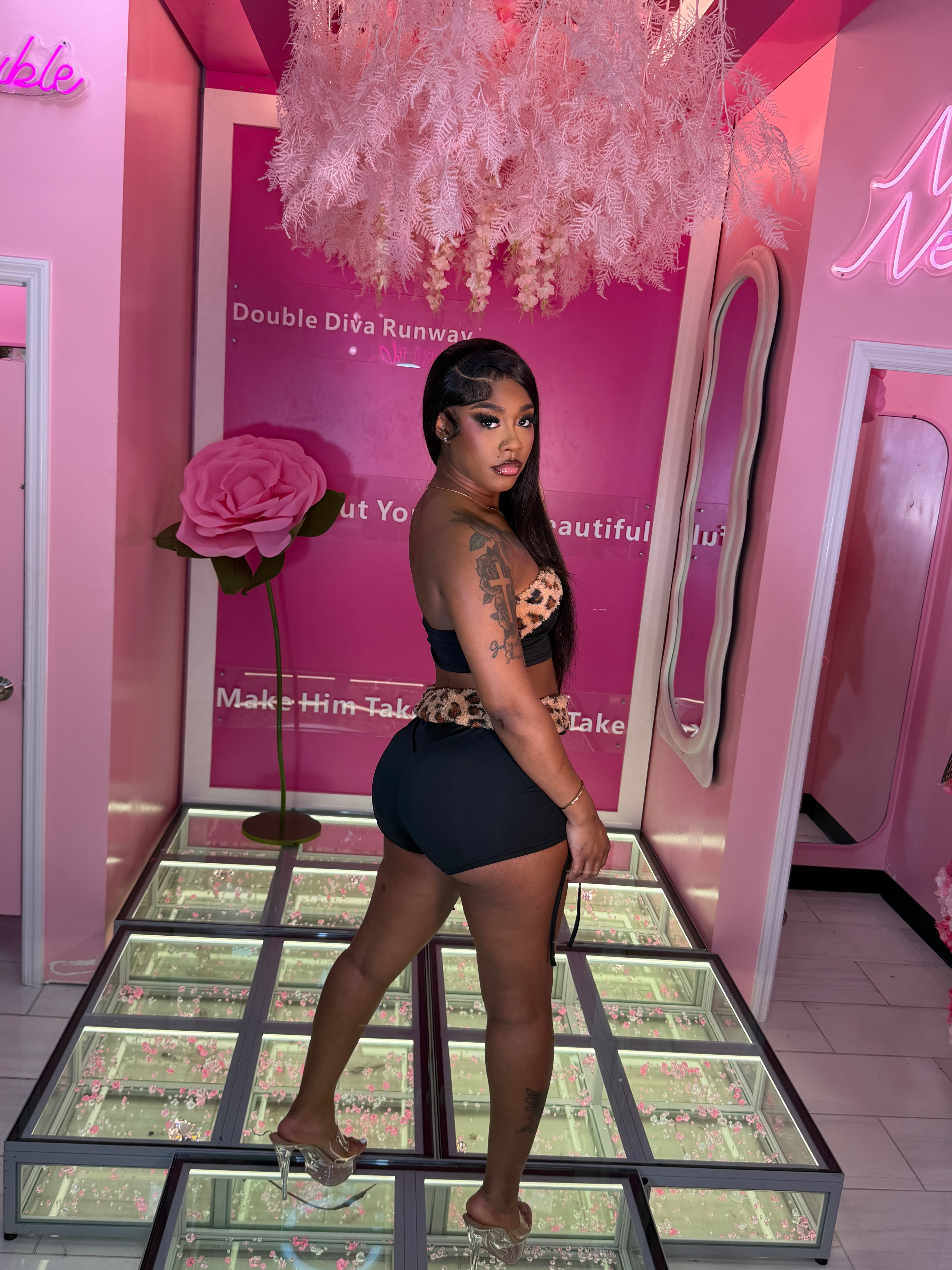 Leopard TubeTop Fur Short Set