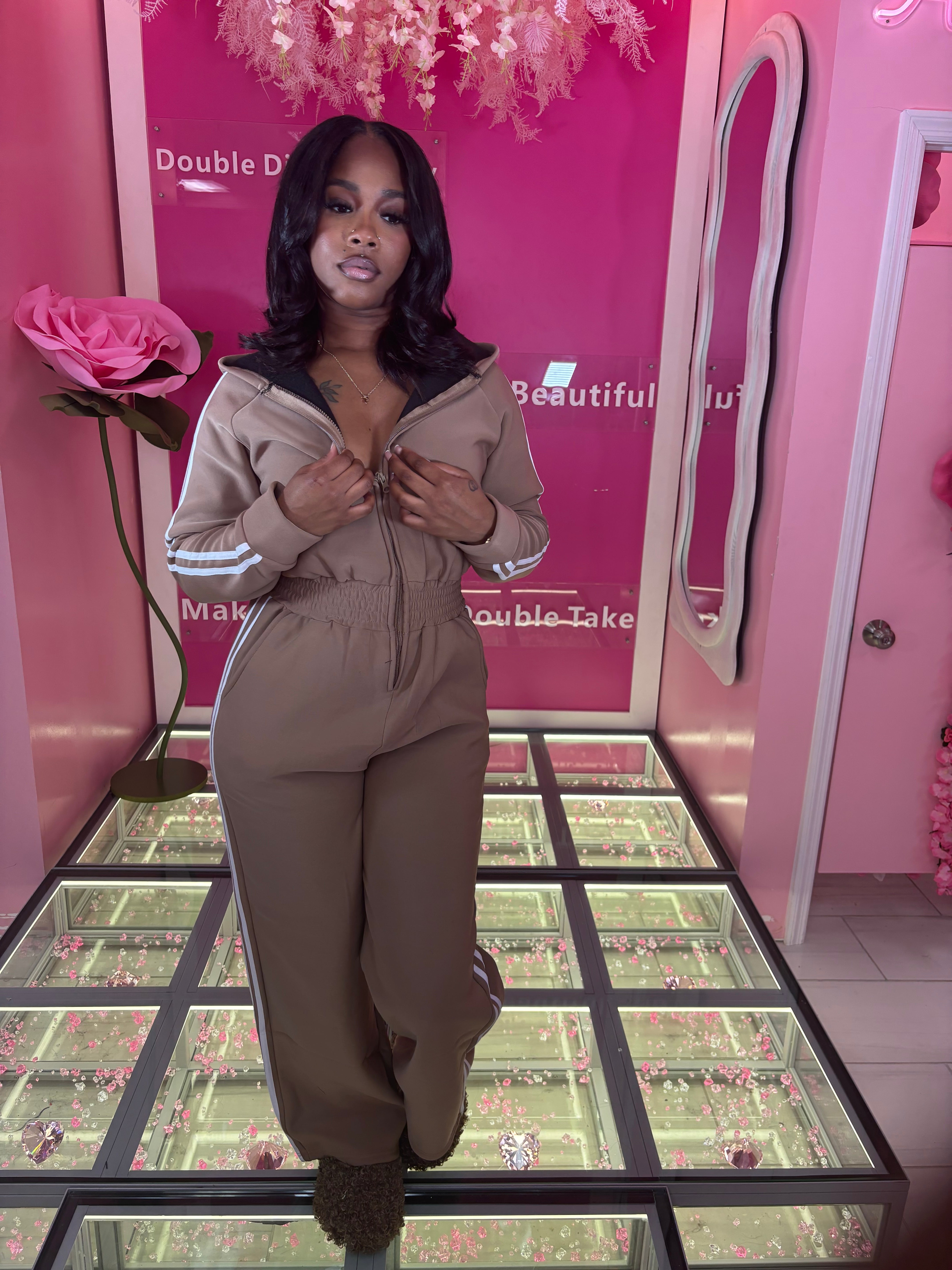 The Utility Glam Stripe Fleece Jumpsuit /w Hoodie