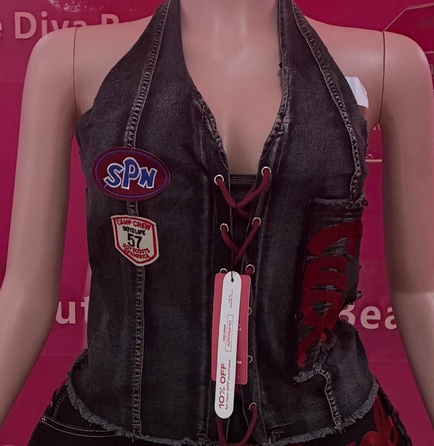 Plus Jean Racer Patchwork Halter & Shorts