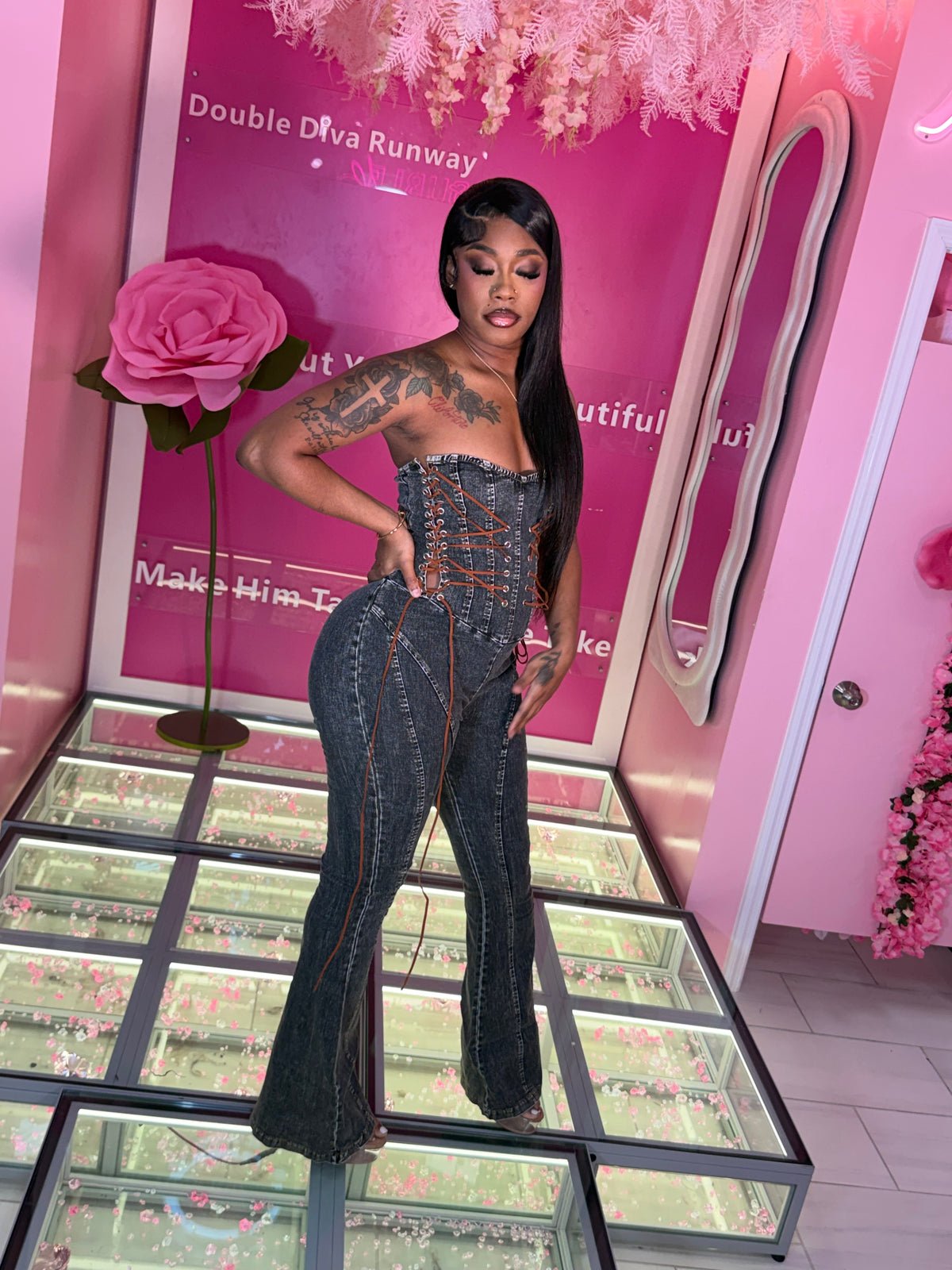 LaceUp Denim Tube Jumpsuit