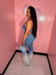The Jean Feather Bellbottom Pants and Jean Half Denim Corset Top
