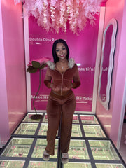 NYC Velour Wide Leg and Fur Hoodie Set