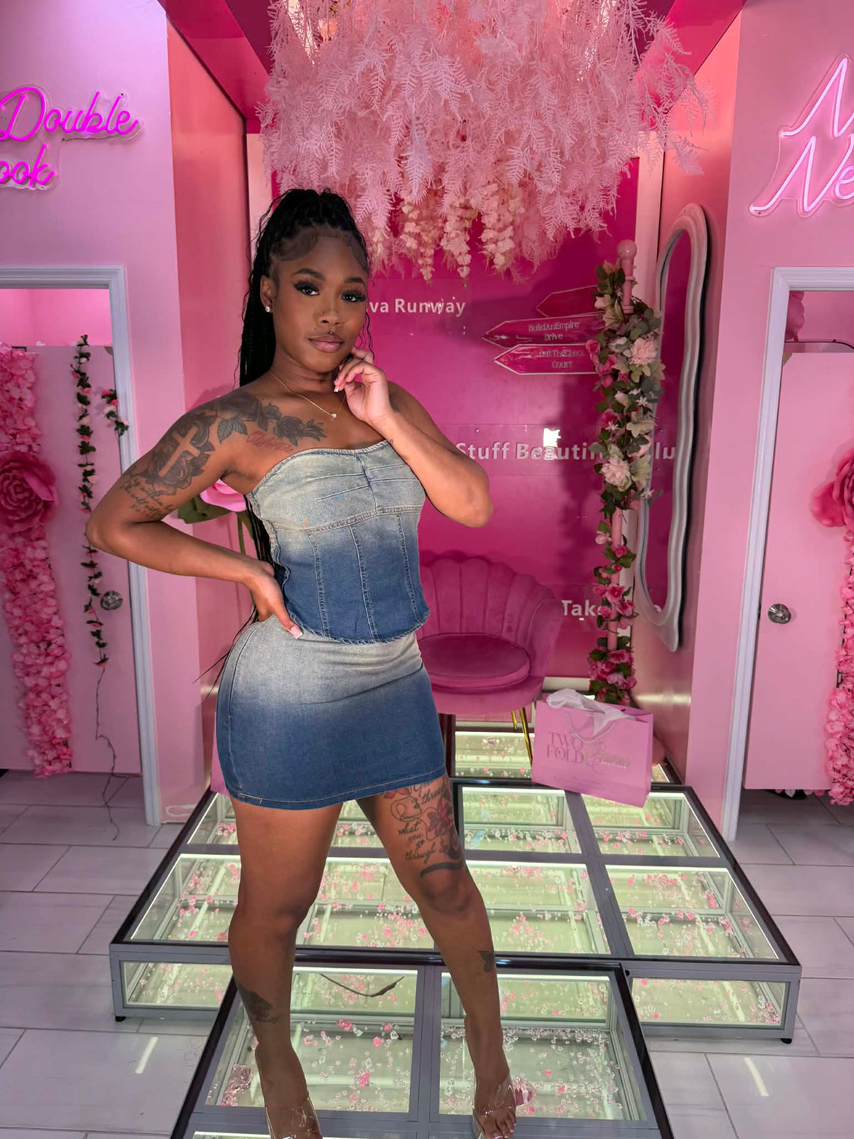Denim Two Tone Skirt Set