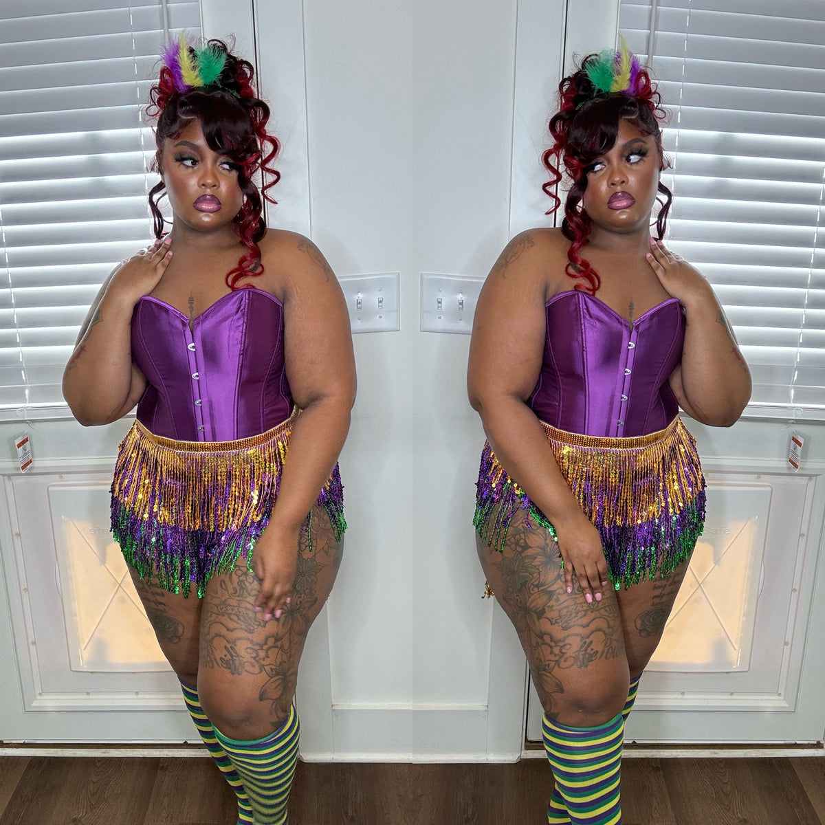 1set Sparkling Tassel & Sequin Waist Chain/Belt, Waistband With Yellow/Green/Purple Hair Accessories And Stockings. (Mardi Grass)