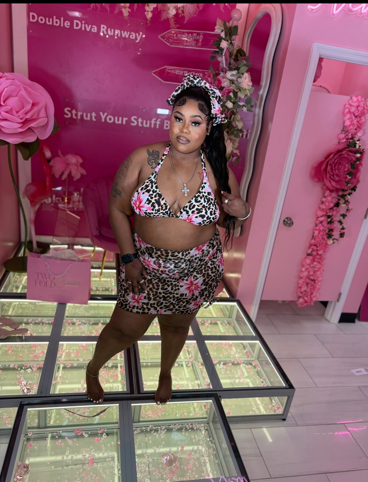 Pink Cheetah Floral Swim Scarf Set