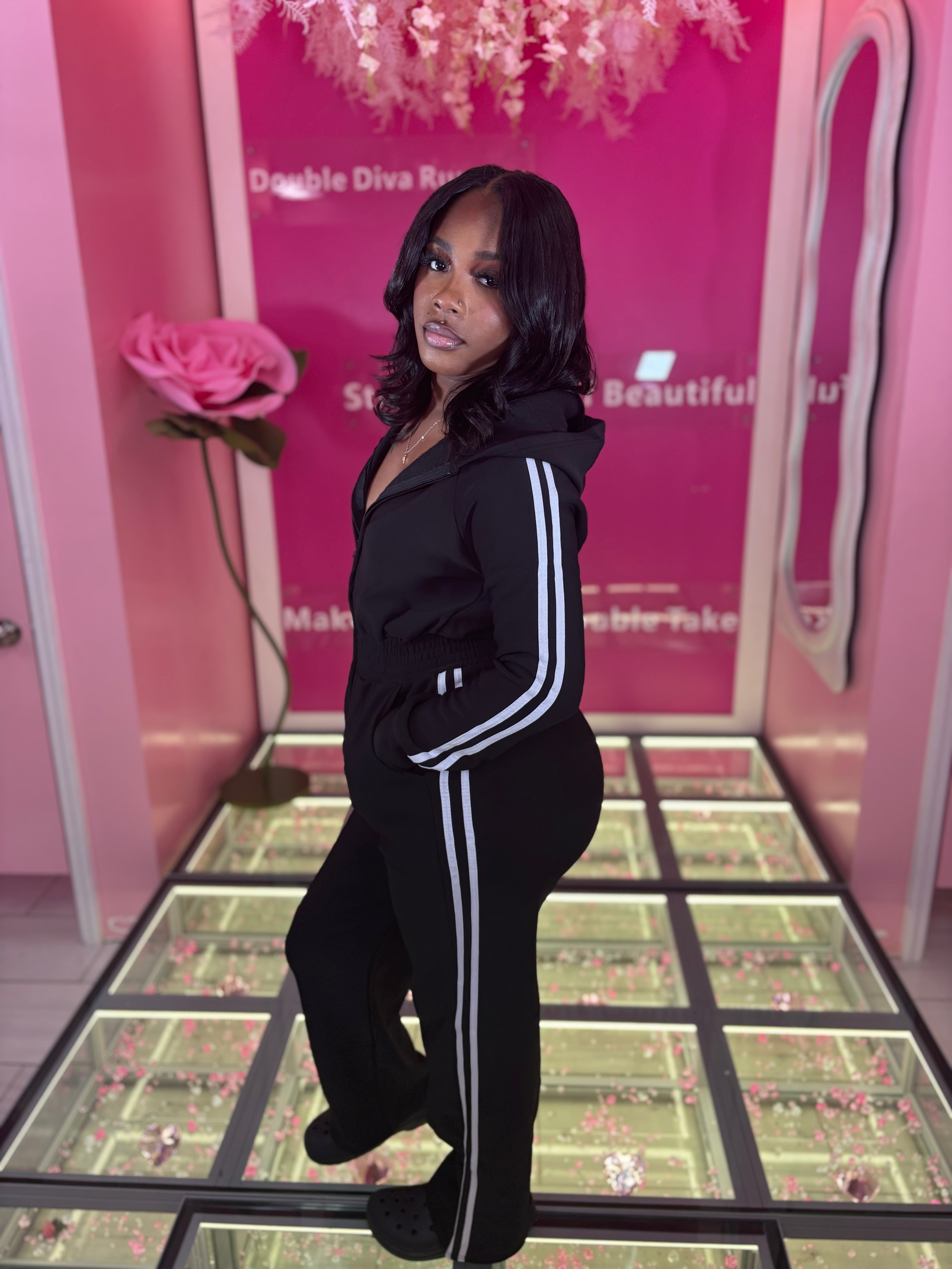 The Utility Glam Stripe Fleece Jumpsuit /w Hoodie