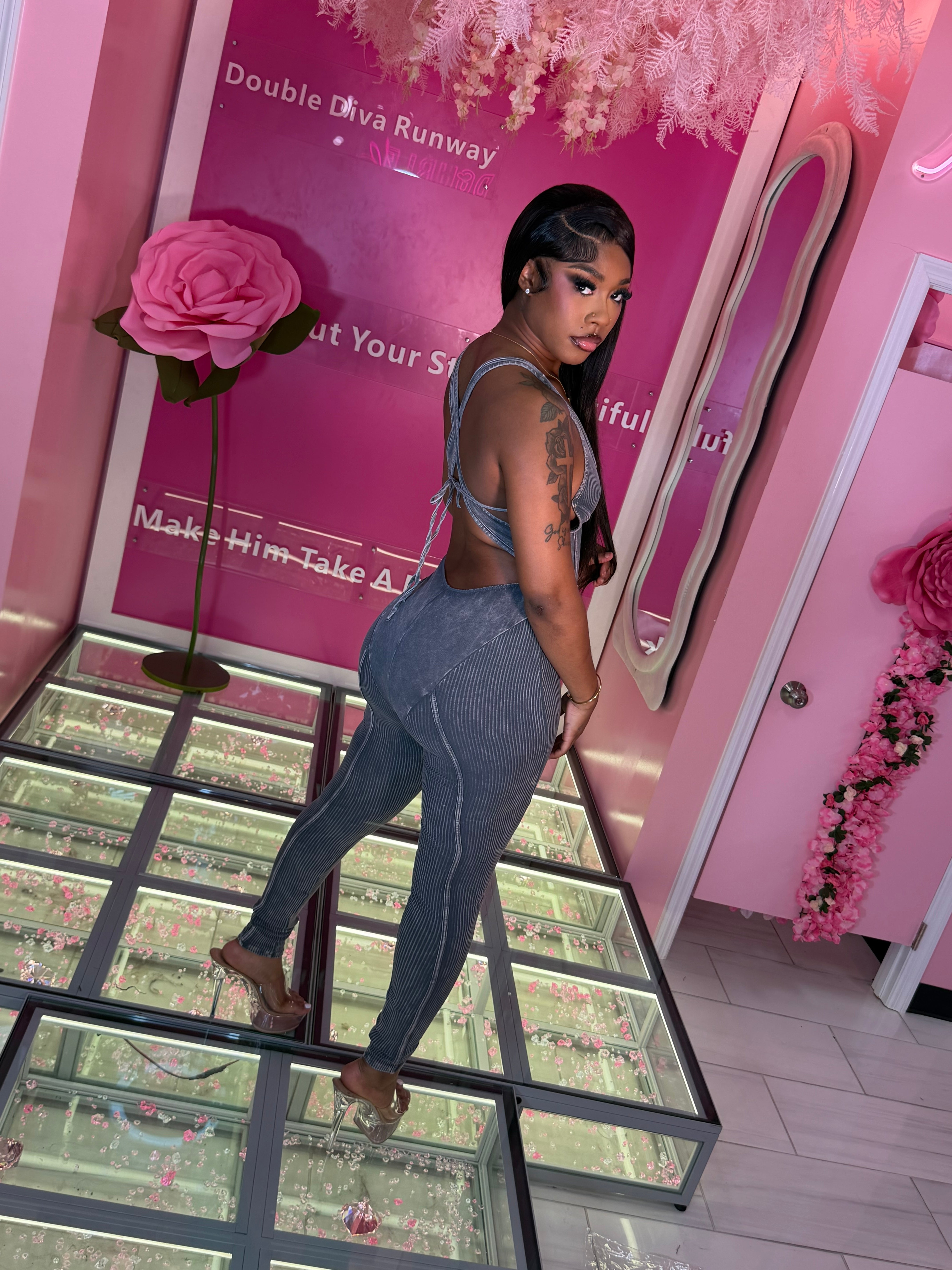 Stone Washed Back Out String JumpSuit