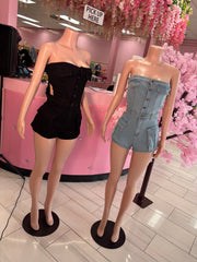 The denim button down Short Rompers