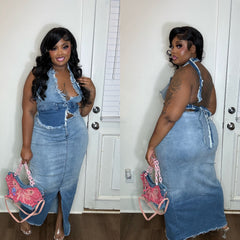 Two Toned Denim Jean Skirt Set