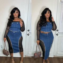 With class Jean Mesh Skirt Set