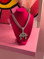 Triple cross silver cube chain
