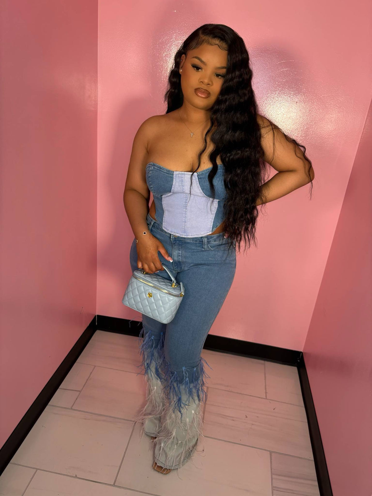 The Jean Feather Bellbottom Pants and Jean Half Denim Corset Top
