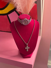 Pynk diamonds chrome heart necklace and watch set
