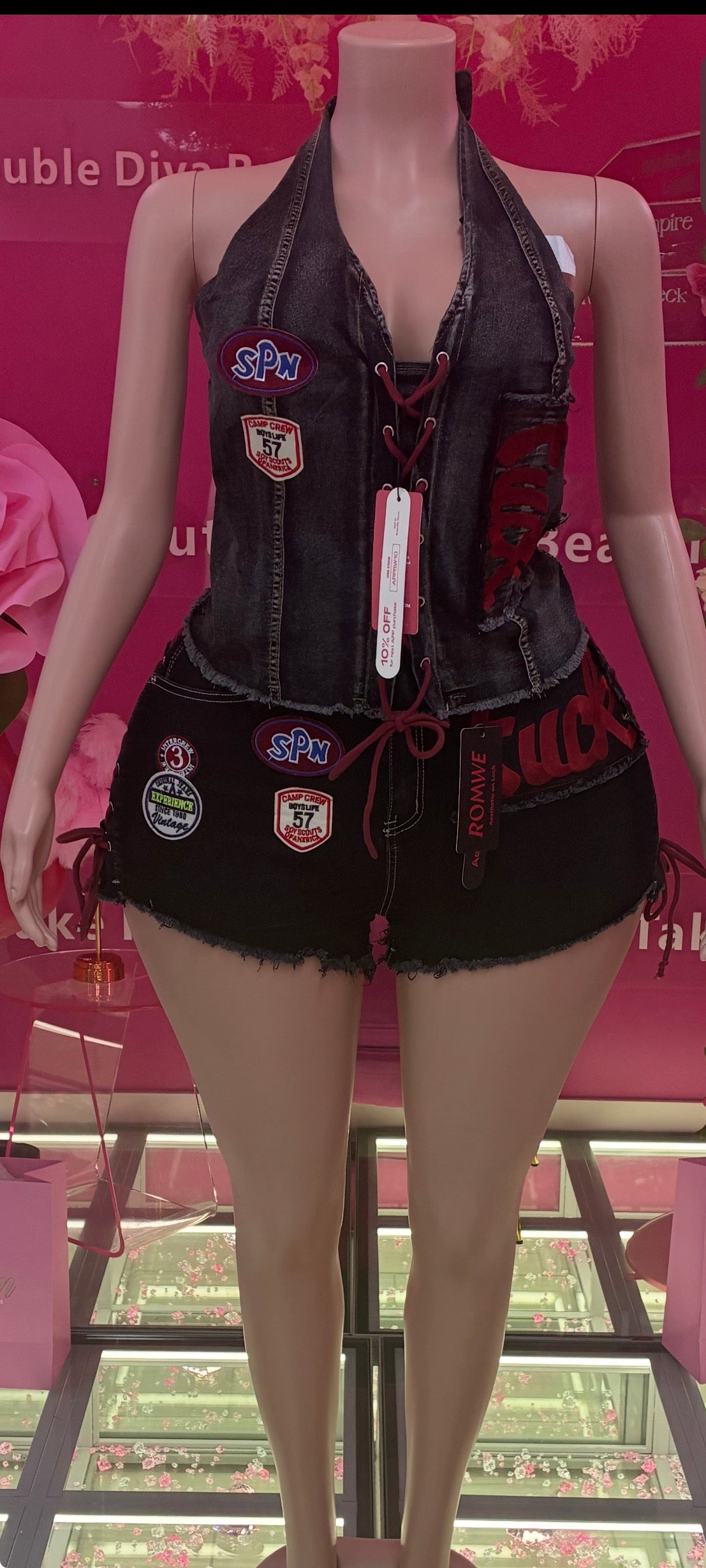 Plus Jean Racer Patchwork Halter & Shorts