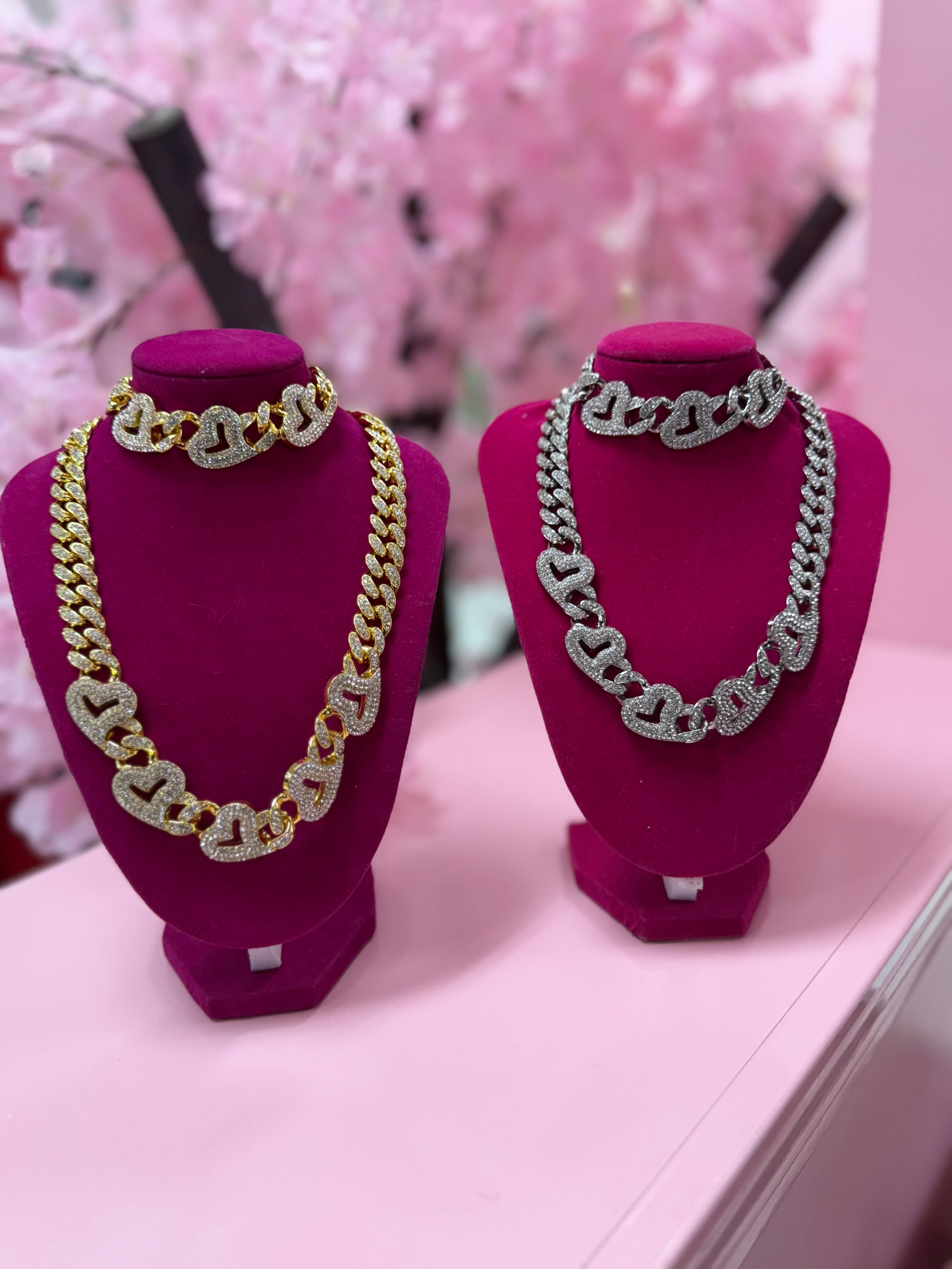 Heart Charm Necklace and Bracelet Set