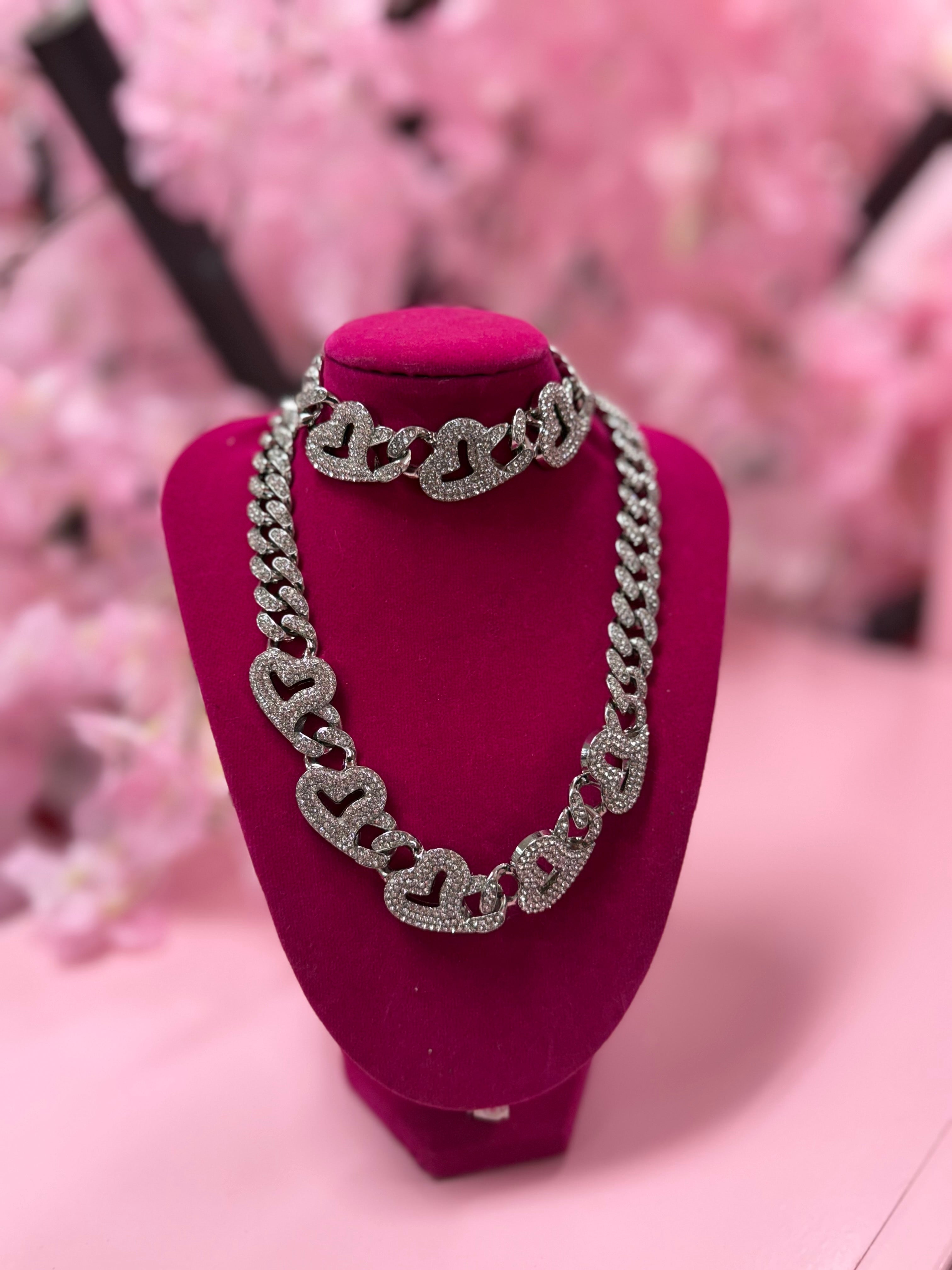 Heart Charm Necklace and Bracelet Set
