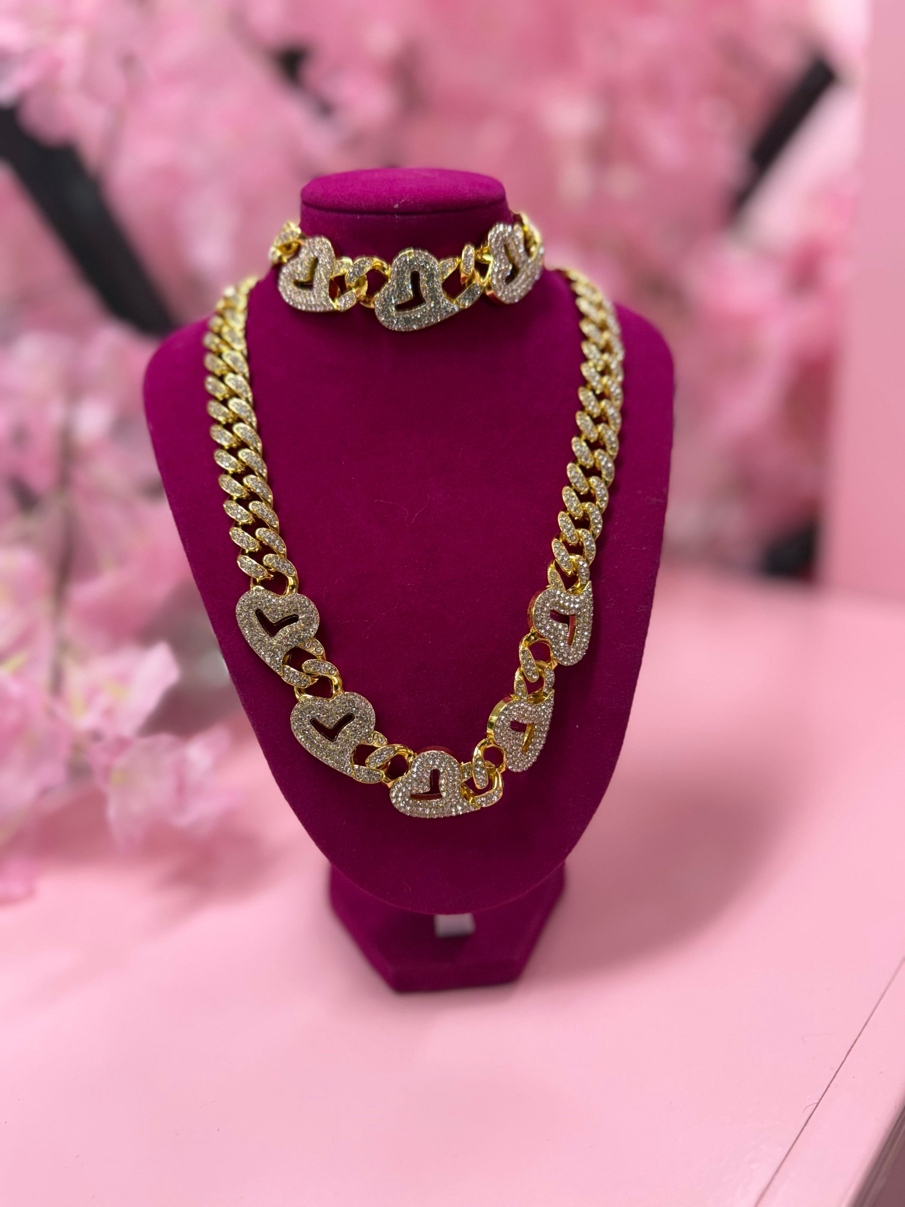 Heart Charm Necklace and Bracelet Set