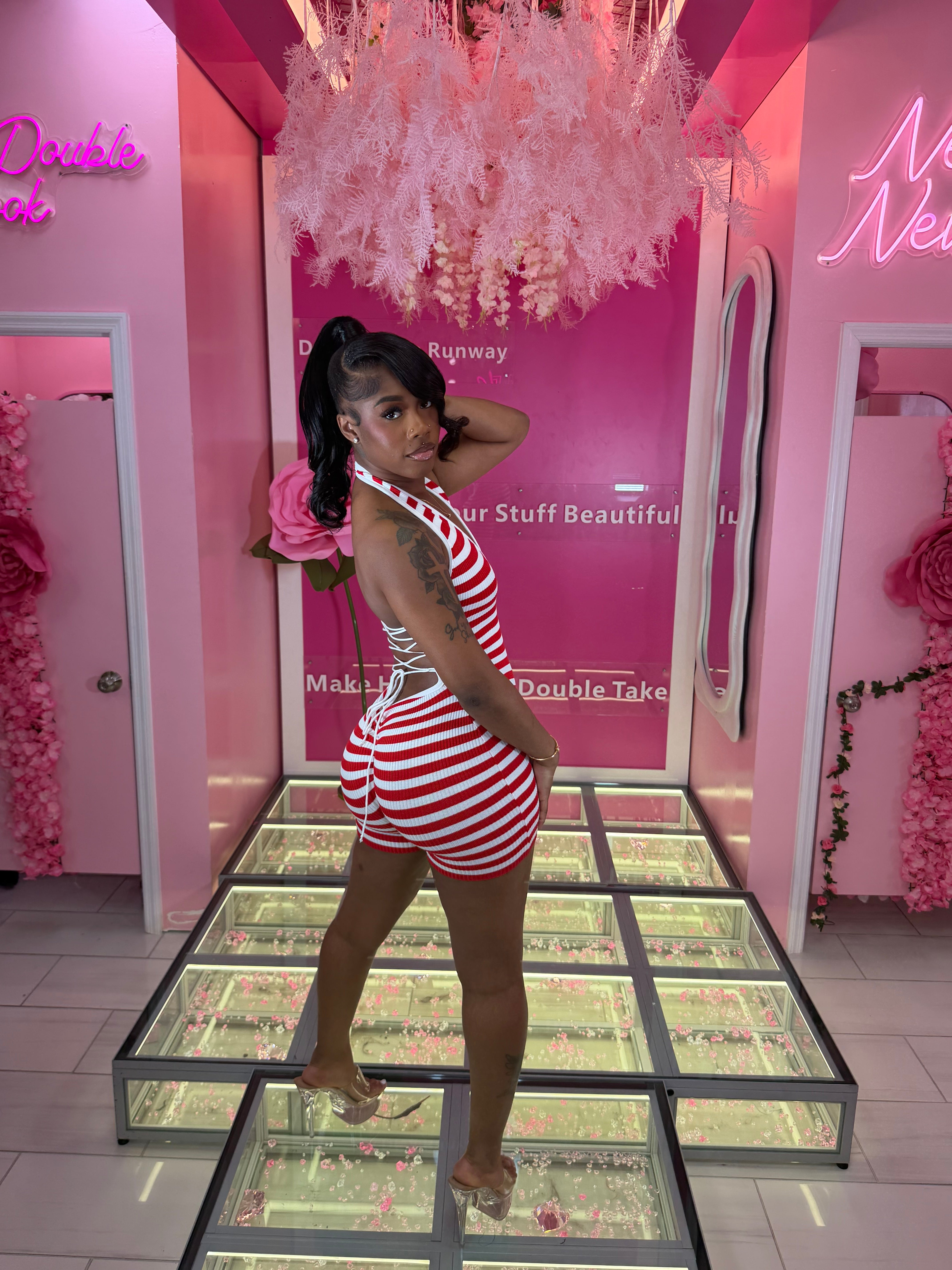 Marine Stripe Knit Halter Romper